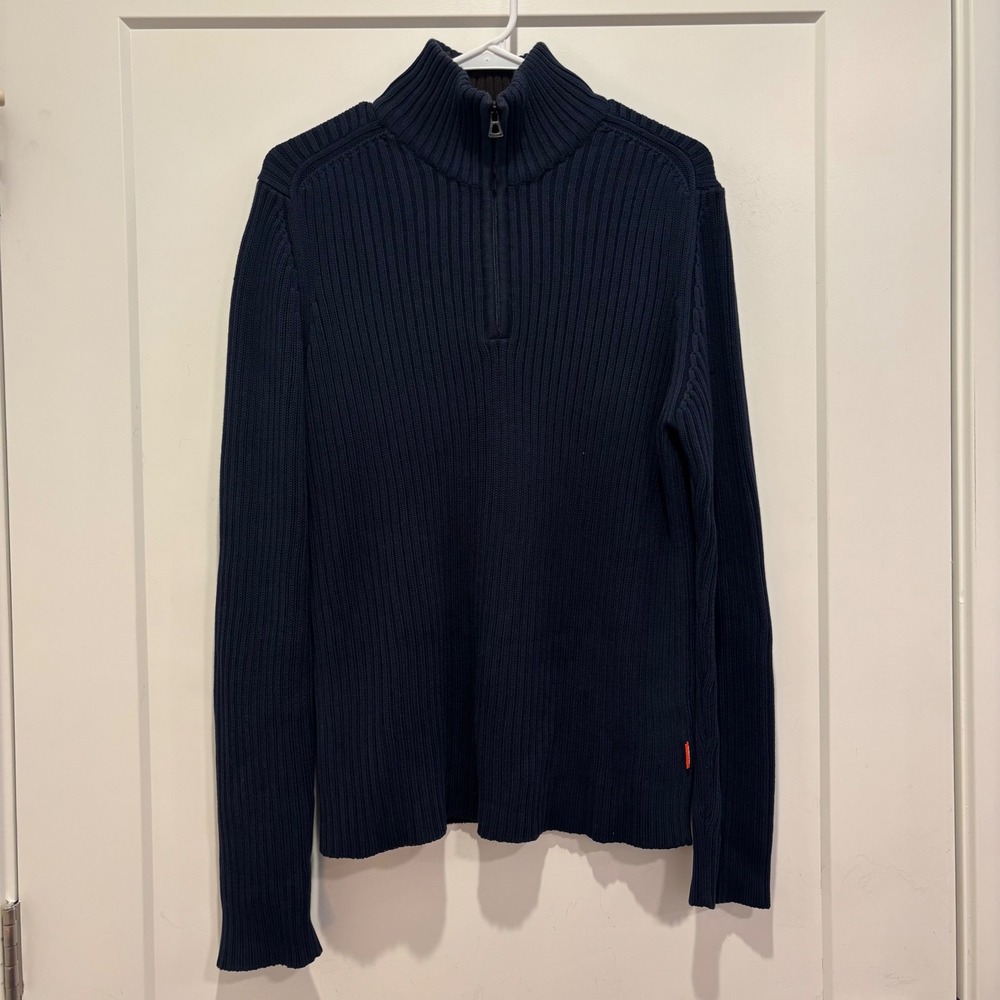 Hugo Boss Orange Label Navy Blue Ribbed Quarter Zip Sweater Mock Neck Pullover L